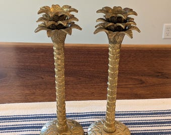 Solid Brass Palm Tree Taper Candle Holders | Hollywood Regency | Coastal Tropical Decor | Palm Beach Chic | British Colonial | India Vintage