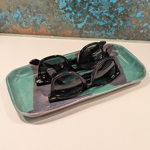 Handmade Studio Pottery Tray, Teal Purple Artist Signed, Multi-Use Catchall