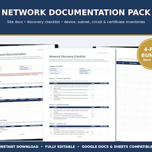 Può includere: Un pacchetto di documentazione di rete che include un modulo di documentazione del sito, una lista di controllo per il rilevamento della rete e un pacchetto di 4 file in formato Word ed Excel. I documenti includono tabelle per i dettagli del sito.