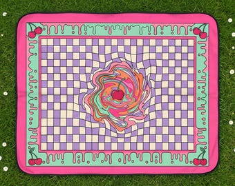 SOVANICCI® | Picnic Blanket, Waterproof Foldable Fleece Mat with Carry Strap, Trippy Checkerboard Cherry Aesthetic Beach Blanket | Cute Gift