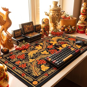 May include: A black desk mat featuring a gold, red, and orange floral and bird pattern, placed under a mechanical keyboard and a black computer mouse. The mat is surrounded by wooden nesting dolls, a brass samovar, and small decorative boxes.