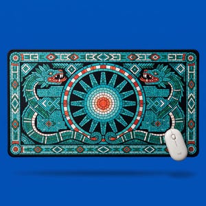 SOVANICCI®  Aztec Desk Mat, Feathered Serpent Turquoise Mosaic Mouse Pad, Mesoamerican Sun Neoprene Desk Pad, Ancient Mythology Office Decor