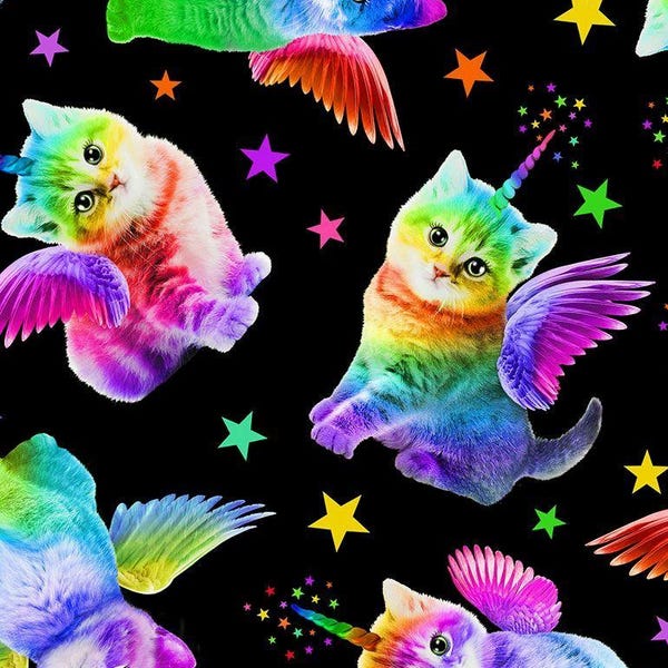 Rainbow Unicorn Cats Fabric, Timeless Treasures Cotton, Fabric by the Yard, Half Yard