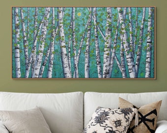 LARGE BIRCH TREES Painting, 24x48, Abstract Birch Trees, Panoramic Painting, Landscape, Original Tree Painting, Living Room Art, Nova Scotia