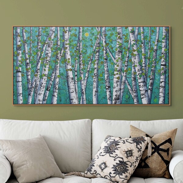 LARGE BIRCH TREES Painting, 24x48, Abstract Birch Trees, Panoramic Painting, Landscape, Original Tree Painting, Living Room Art, Nova Scotia