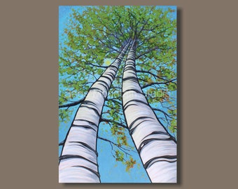 TREES LOOKING UP Painting, Birch Tree Painting, Tall Painting, Vertical Artwork, Tall Blue Painting, Tall Trees, Canadian Art, Muskoka Art