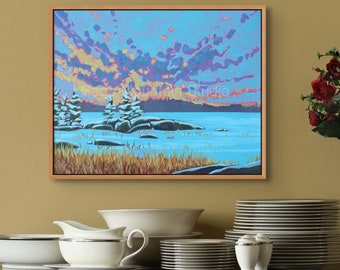 WINTER SUNSET PAINTING, 16x20, Snowy Landscape, Canadian Shield, Pine Trees, Frozen Lake, Bedroom Art, Canadian Art, Nova Scotia Art