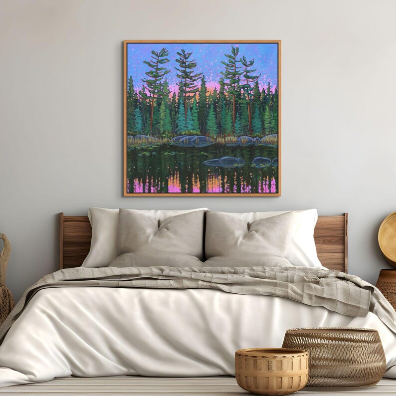Large square forest painting in room with baskets.