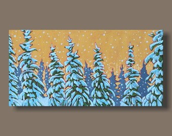 Evergreen Trees, Winter Forest Painting, Winter Landscapes, Snowy Trees, Winter Trees, Panoramic Paintings, Yellow, Bedroom Decor Winter Art