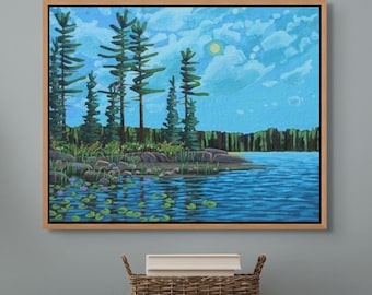 Canadian Shield Lake Painting: White Pines, Water Lilies, Rustic Impressionism, 24x30