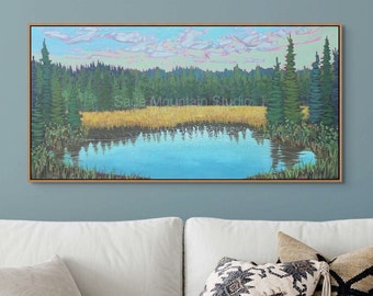 MARSH PAINTING, 18x36 Pond Painting, Nova Scotia, Panoramic Painting, Hinterland, Canadian Art, Landscape Painting, Cottage Art, Wall Decor