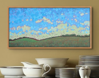 BIRDS IN FLIGHT, 12x24 Pastoral Painting, Small Paintings, Panoramic Painting, Impressionist Fields, Nova Scotia, Blue and Green, Home Decor