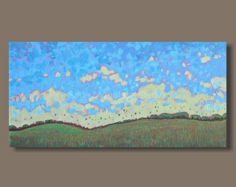 BIRDS in FLIGHT, 12x24 Pastoral Painting, Small Paintings, Panoramic Painting, Impressionist Fields, Nova Scotia, Blue and Green, Home Decor