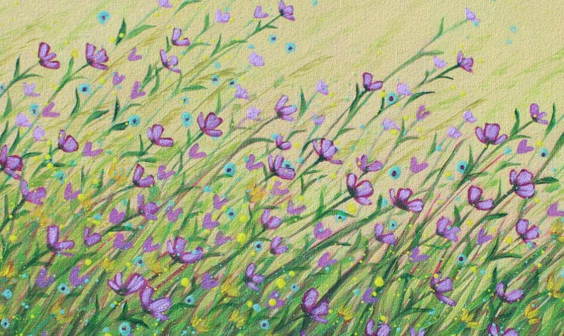 Detail photo of beautiful free flowing wildflowers in a field. Acrylic painting.