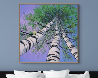 BIRCH TREE PAINTING, 30x30, Trees Looking Up, Tree Painting, Forest Painting, Tall Trees Art, Original Painting, Canadian Art, Muskoka Art