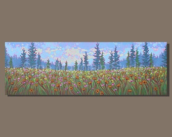 FIELD OF FLOWERS Art, Panoramic Art, Floral Painting, Nova Scotia Art, Landscape with Flowers, Orange and Green Art, Field Art Landscape