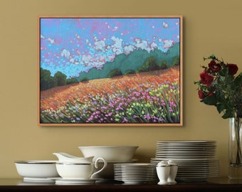 COLORFUL FLORAL LANDSCAPE Painting, 18x24 Field of Flowers, Pastoral Art, Living Room Art, Colorful Landscape, Wall Art on Canvas, Field Art
