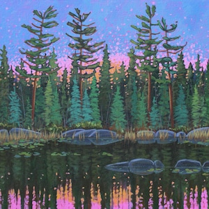 Tall pine tree painting at lake in Nova Scotia, Canada.