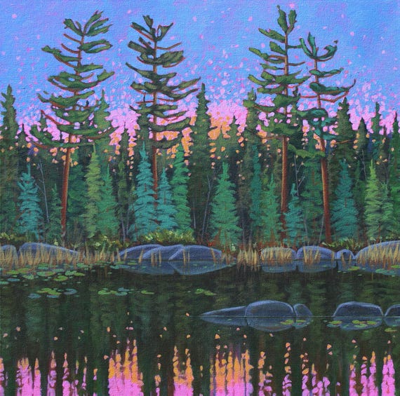 Canadian Wilderness Painting: Lake, Pines, Impressionistic Style, 30x30 Original Acrylic