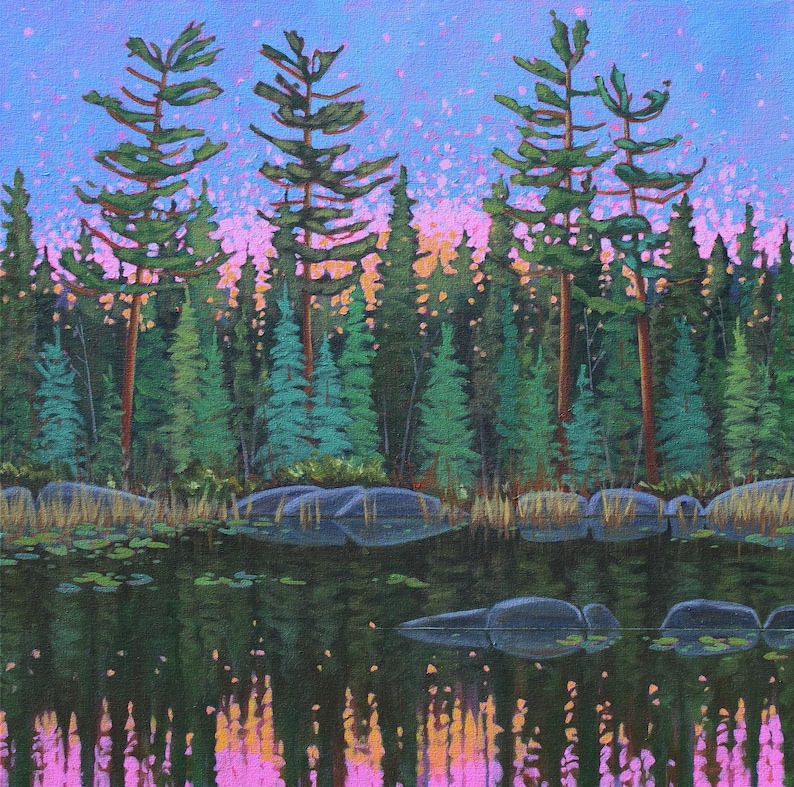 Tall pine tree painting at lake in Nova Scotia, Canada.