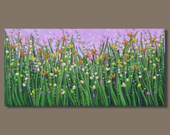 Floral Paintings, Panoramic Flower Painting, Meadow with Flowers, Pink Flowers, Field of Flowers Painting, Botanical Art, Bedroom Decor