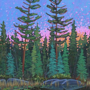 Lake with lily pads at sunrise in Nova Scotia landscape painting.