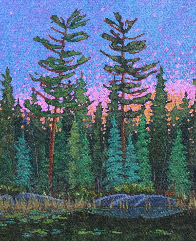 Lake with lily pads at sunrise in Nova Scotia landscape painting.