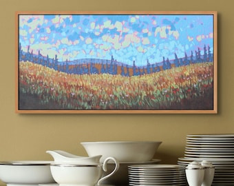 FIELD LANDSCAPE PAINTING, 12x24, Panoramic Painting, Appalachian Mountains, Nova Scotia, Autumn Colors, Farm Fields, Gift Art, Blue and Rust