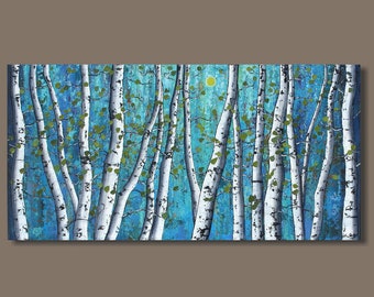 FREE SHIP Semi-Abstract Painting, Birch Trees Painting, Birch Forest Painting, Landscape Painting, Canvas Art, Aspens, Blue and Purple 18x36