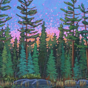 Tall white pine trees against a pink purple sky in lake painting.