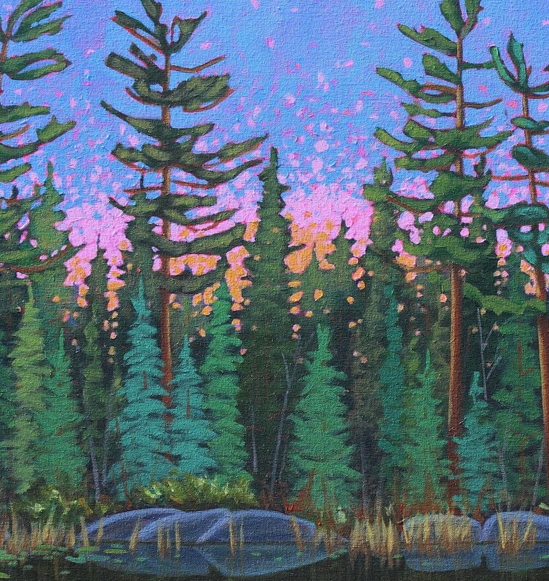 Tall white pine trees against a pink purple sky in lake painting.