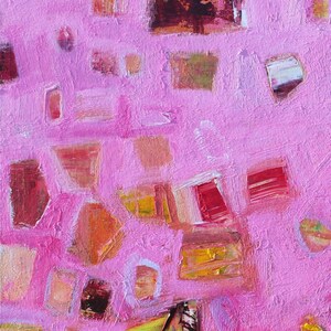 Cascading effect of random shapes in pink and orange abstract art.