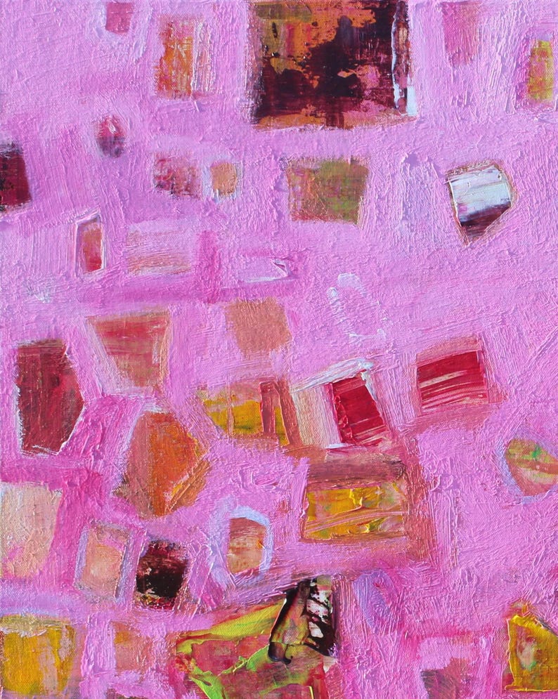 Cascading effect of random shapes in pink and orange abstract art.