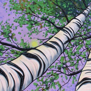 Trunks of two birch trees and sun peeking around one in a large birch tree painting.