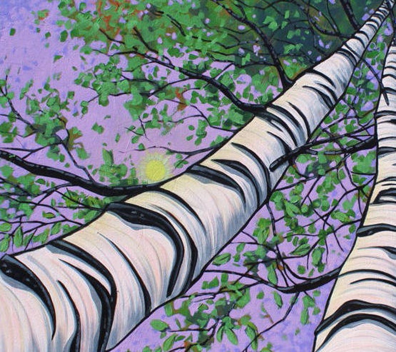 Trunks of two birch trees and sun peeking around one in a large birch tree painting.