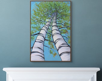 TREES LOOKING UP Painting, 36x24 Birch Tree Painting, Tall Painting, Vertical Art, Tall Blue Painting, Tall Trees, Canadian Art, Muskoka Art