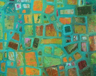 Large Geometric Abstract Painting: Aqua, Orange, Forest Green, Unstretched Canvas 36x36