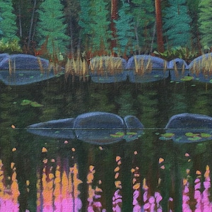 Pink sunrise painting with water lilies and rocks.
