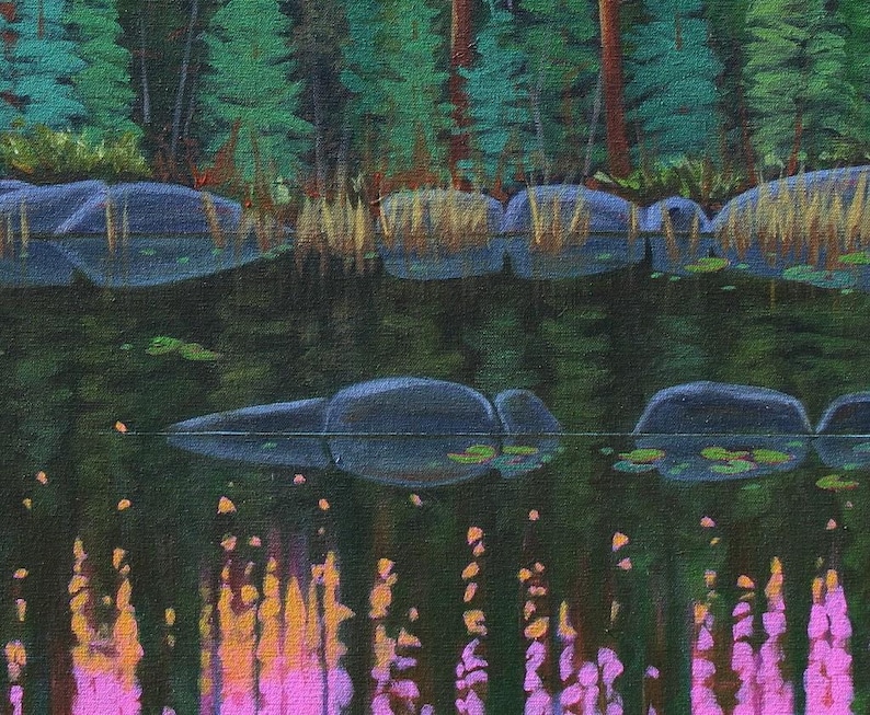 Pink sunrise painting with water lilies and rocks.