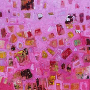 Pink abstract painting with orange accents in expressionist style in square orientation.