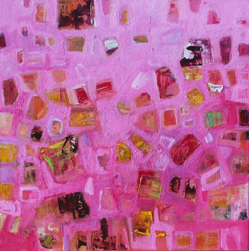 Pink abstract painting with orange accents in expressionist style in square orientation.