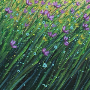 Detail of wildflower painting showing different colours of green in grass.