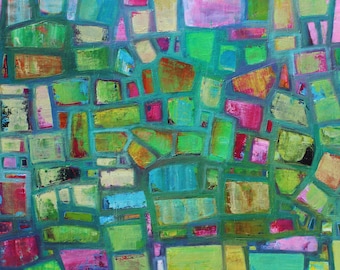Large Abstract Canvas Painting: Green, Pink, Yellow Geometric Art (36x48 Unstretched Canvas)
