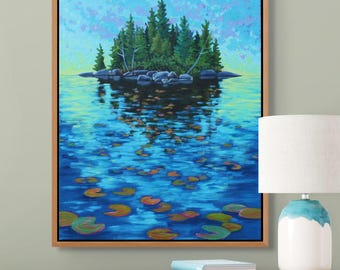 Monet Inspired Water Lily Pond Painting: Cottagecore Sunrise Landscape, 30x24 Original Acrylic