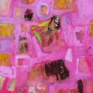 Detail of pink abstract expressionist piece with yellow and brown accents.