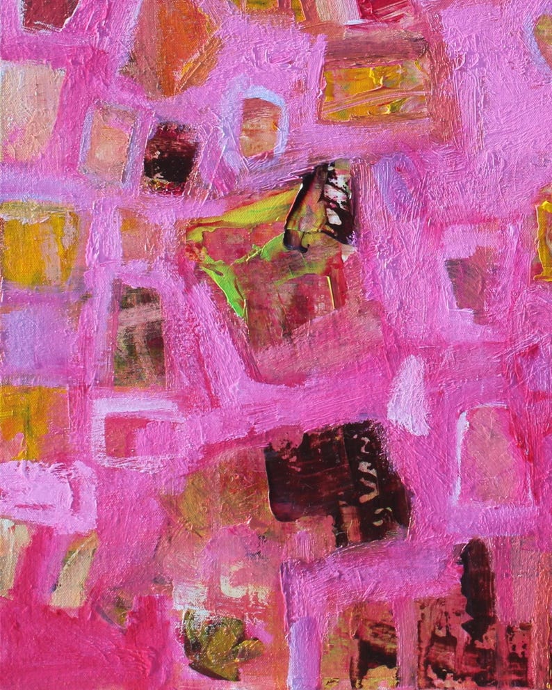 Detail of pink abstract expressionist piece with yellow and brown accents.
