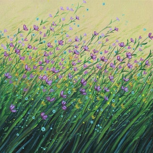 Painting of a wildflower field with violet and yellow flowers.