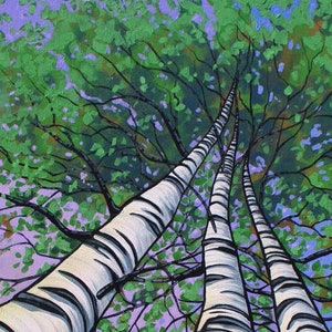 Detail of birch tree painting, three trees looking up, showing full crowns of leaves.