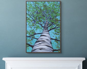 BIRCH TREE ART, 36x24, Birch Tree on Canvas, Tall Tree Looking Up, Tree Painting, Aspen Painting, Blue and Green Art, Living Room Decor