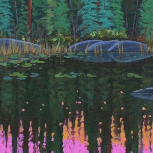 Rocks and water lilies in lake reflection of landscape painting.